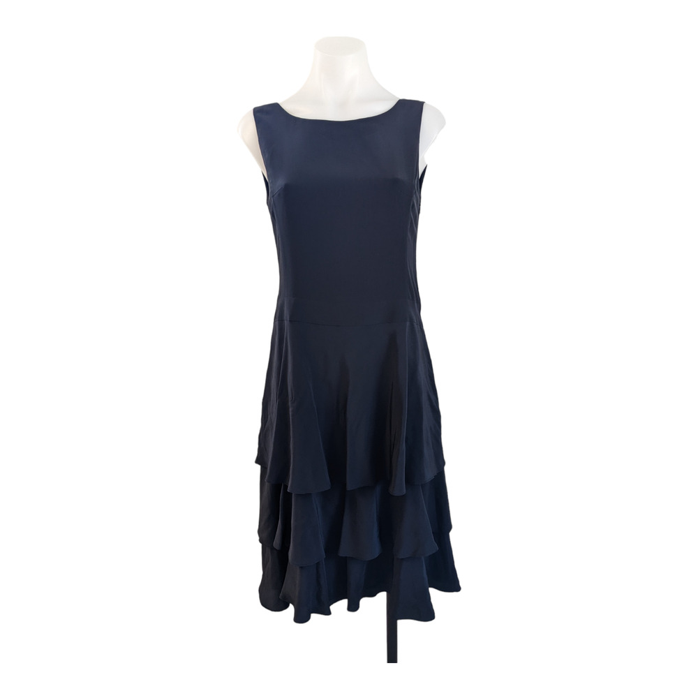 Ana Capri Size Medium Shift Dress Black Tiered Ruffle Silk Side Zip Sleeveless